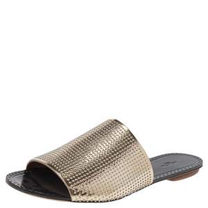 Pre Owned Alaia Gold Leather Flat Slide Sandals Size 37