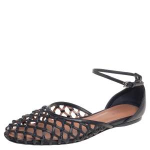 Pre Owned Alaia  Black Net Leather Ankle-Strap Ballerina Flats Size 40