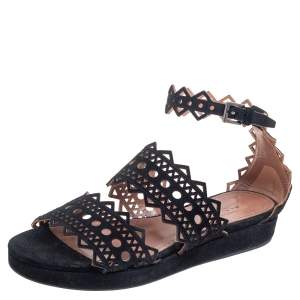 Pre Owned Alaia Black Laser Cut Suede Open Toe Flat Sandals Size 36