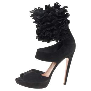 Pre Owned Alaia Black Suede Ruffle Ankle Cuff Platform Sandals Size 40