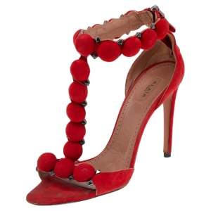 Alaia Red Suede Studded 'Bombe' T-Strap Ankle Cuff Sandals Size 38