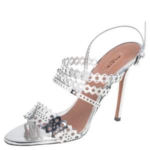 Pre Owned Alaia Silver Cutout Mirror Leather Sandals Size 38