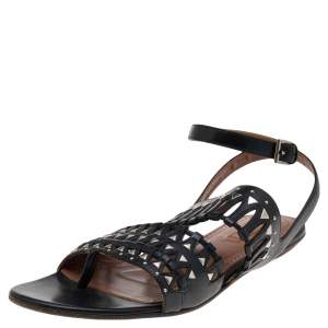 Pre Owned Alaia Black Leather Studded Accents Ankle Strap Flat Sandals Size 37
