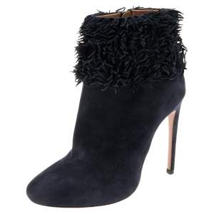Pre Owned Alaia Navy Blue Suede Ruffled Ankle Boots Size 39.5