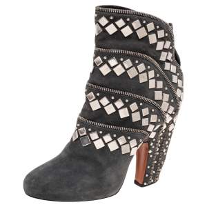 Alaia Grey Suede Stud Embellished Ankle Boots Size 37