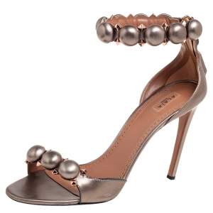 Pre Owned Alaia Gun Metal Grey Leather Bombe Ankle-Strap Sandals Size 41