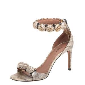 Pre Owned Alaia Beige/Brown Python Embossed Leather Bombe  Ankle Strap Sandals  Size 35.5