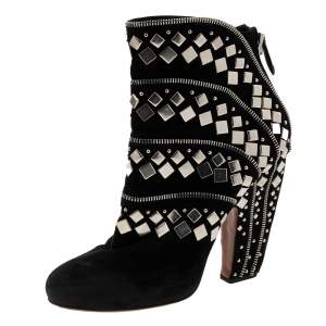 Alaia Black Suede Stud Embellished Block Heel Ankle Boots Size 39