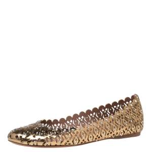 Alaia Gold Laser Cut Leather Embellished Ballet Flats Size 38