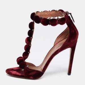 Pre Owned Alaia Burgundy Velvet Bombe Ankle Strap Sandals Size 40