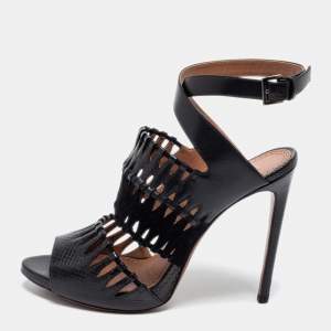 AlaÏa Black Leather, Suede and Lizard Embossed Cut Out Ankle-Strap Sandals Size 41