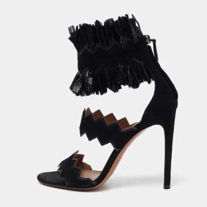 Alaia Black Suede And Raffia Ruffle Ankle Cuff Sandals Size 38