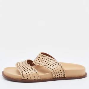 Alaia Beige Perforated Leather Flat Slides Size 36.5