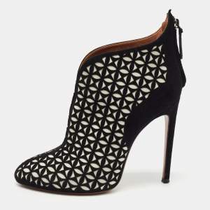 Alaia Black/White Floral Cut Out Suede Booties Size 38.5
