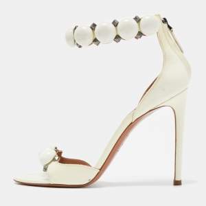 Alaia Off White Patent Leather Bombe Ankle Strap Sandals Size 38.5
