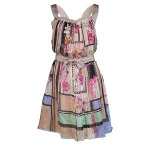 Alberta Ferretti Multicolor Floral Print Pleated Sleeveless Cross Back Dress L