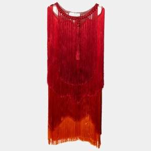 Alberta Ferretti Red Ombre Fringed Silk Mini Dress S