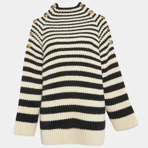 Alberta Ferretti Blue/White Rib Knit Buttoned Cold-Shoulder Sweater M