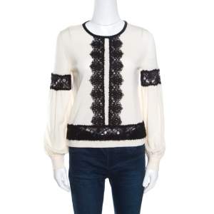 Alberta Ferretti Cream Wool Contrast Cutout Lace Insert Long Sleeve Sweater M