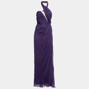 Alberta Ferretti Purple Ruched Silk One Shoulder Evening Gown S