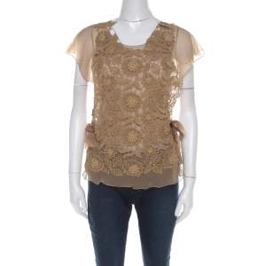 Alberta Ferretti Beige Chiffon and Lace Overlay Top S 