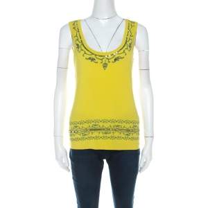 Alberta Ferretti Yellow Paisley Printed Cotton Sequin Detail Top L 