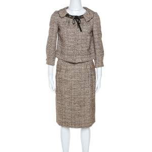 Alberta Ferretti Brown Tweed Short Blazer and Knee Length Skirt Set S