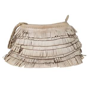 Alberta Ferretti Beige Leather Fringed Wristlet Clutch