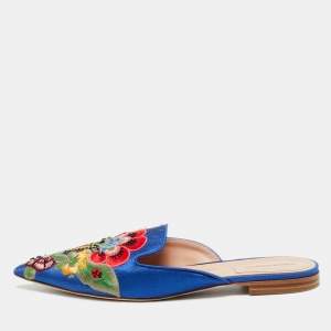 Pre Owned Alberto Fermani Blue Canvas Floral Embroidered Mules Size 38