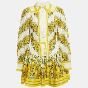 Alemais Yellow Floral Print Linen Gisela Mini Dress S