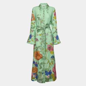 Alemais Green Olivia Floral Print Linen Shirt Maxi Dress M