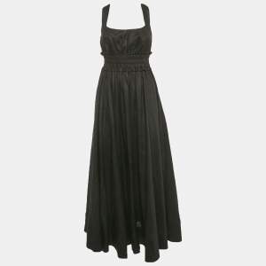 Alemais Black Linen Shirring Gathered Maxi Dress S