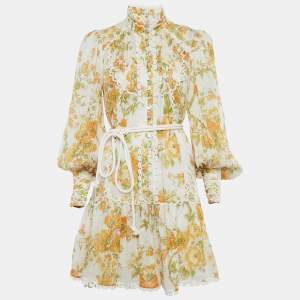 Alemais Yellow/Multicolor Floral Print Ramie Belted Flounce Mini Dress M