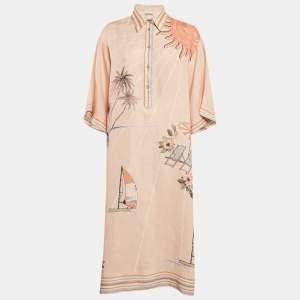 Alemais Pink Marina Print Linen Long Shirt Dress XS
