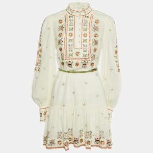 Alemais Cream Floral Embroidered Cotton Lovella Mini Dress M