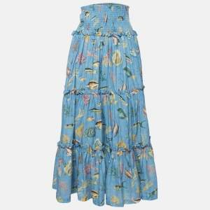 Alemais Blue Fish Print Cotton Tiered Maxi Skirt M