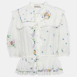 Pre Owned Alemais White Floral Embroidery Cotton Ruffled Blouse L
