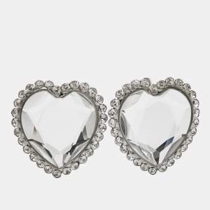 Pre Owned Alessandra Rich Heart Crystals Silver Tone Earrings