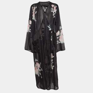 Alessandra Rich Black Floral Print Lurex Silk Maxi Wrap Dress M