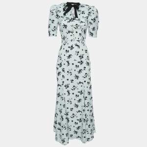 Alessandra Rich Blue Floral Print Silk Ruffled Neck Maxi Dress XS
