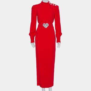 Alessandra Rich Red Crepe Embellished Button Belted Gown M