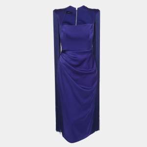 Pre Owned Alex Perry Dallas Blue Satin Fringe Sleeveless Midi Dress L