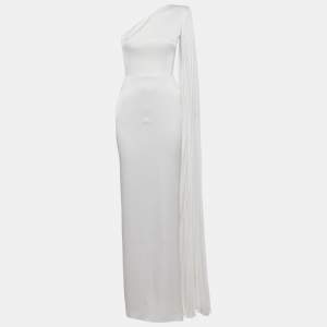 Pre Owned Alex Perry White Crepe One Shoulder Drape Detail Gown S