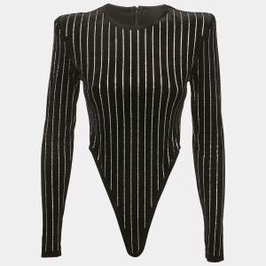 مملوكة مسبقًا Alex Perry Black Rhinestone Striped Velvet Bodysuit M