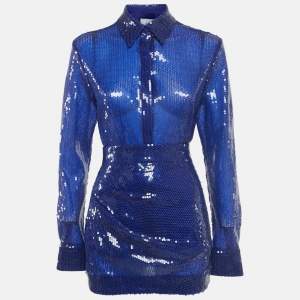 Pre Owned مجموعة قميص وتنورة من الترتر الأزرق من أليكس بيري مقاس صغير - سمول