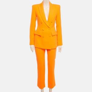 Pre Owned Alex Perry Neon Orange Crepe Double Breasted Blazer and Pant Suit S