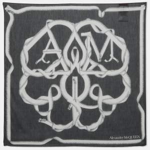 Alexander McQueen Navy Blue Printed Cotton Blend Scarf 