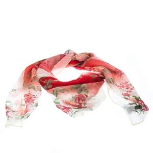 Pre Owned Alexander McQueen Ombre Red Botanical Print Silk Scarf 