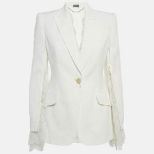 مملوكة مسبقًا Alexander McQueen White Lace Trim Flared Sleeve Crepe Blazer S