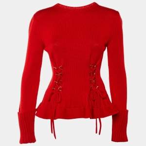 مملوكة مسبقًا Alexander McQueen Red Wool Knit Lace Up Detail Sweater Top M